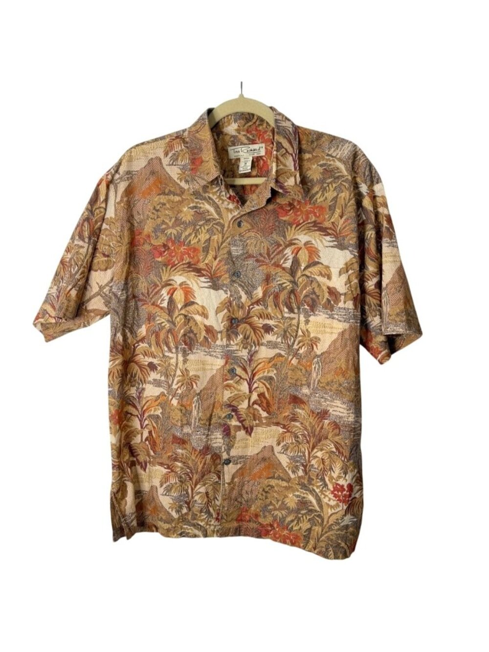 Tori Richard Men Size M Hawaiian Button-Up Shirt Cotton Lawn Tan Tropical USA